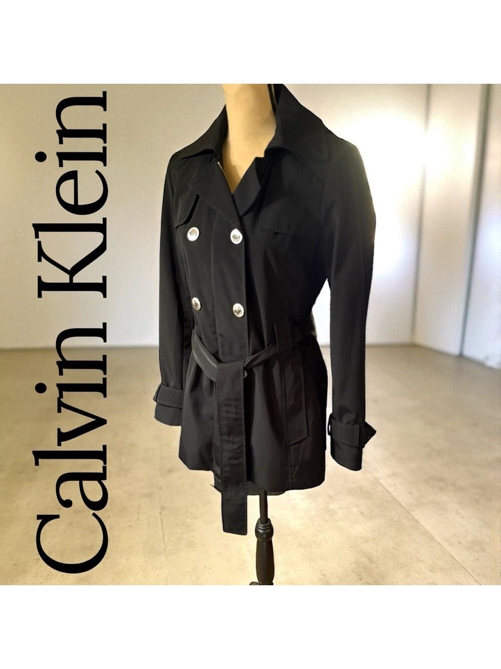 Calvin Klein-Classy black trench coat. Size small. Silver details/Hood. Like new - Picture 15 of 16